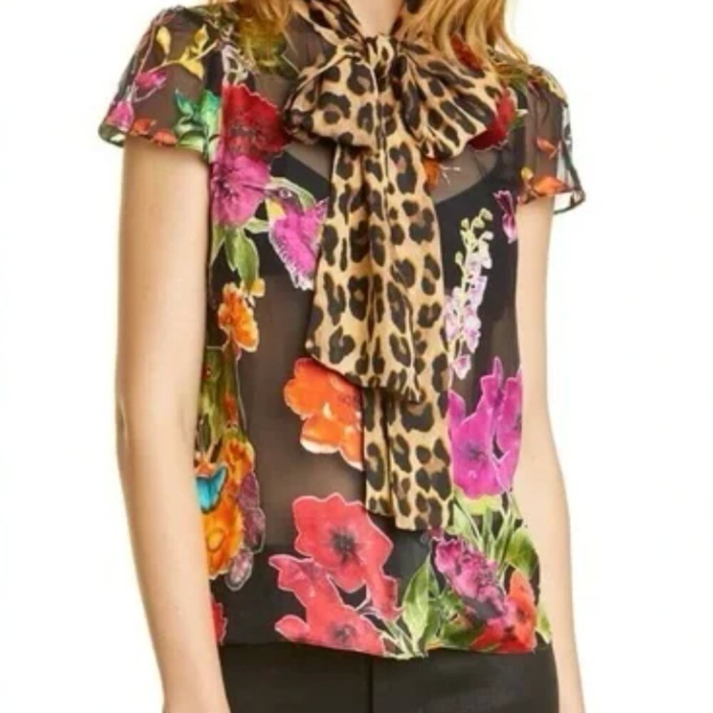 Alice and Olivia Jeannie Blouse Garden Floral Combo Animal Print Top